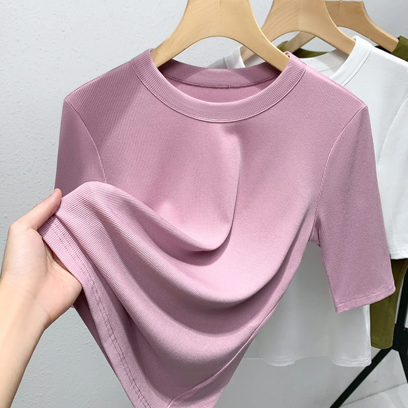 Camiseta modal de manga media para mujer 2023 nueva camiseta de media manga con cuello redondo de ala ancha para mujer, cintura elástica, top ajustado