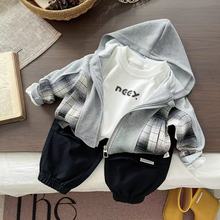 宝宝套装春秋款婴儿童装拼色格子拉链三件套帅气儿童秋季衣服一岁