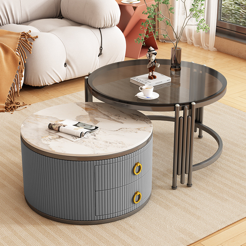 Tabla de té moderna de vidrio de roca personalizada combinación de tamaño para sala de estar simple retráctil redonda pequeña casa adecuada