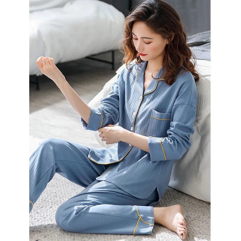 Pijamas para mujeres Primavera y otoño nuevo traje % algodón solapa de manga larga ropa al aire libre para estudiantes Otoño e Invierno ropa para el hogar