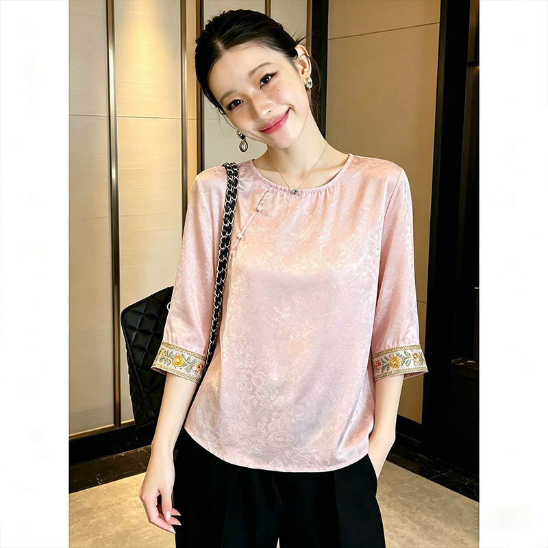 2026 New Chinese Style Round Neck Embroidered Loose Top National Style Shirt Summer Thin Satin Jacquard Shirt Base Layer Trend 2026 New Chinese Style Round Neck Embroidered Loose Top National Style Shirt Summer Thin Satin Jacquard Shirt Base Layer Trend
