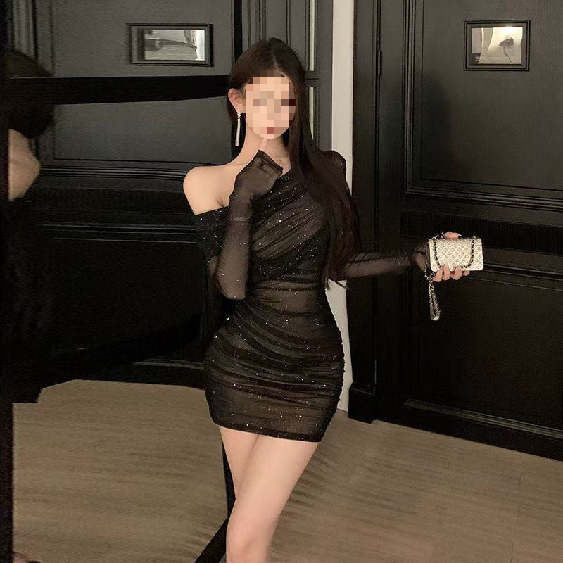 GraceChic Sexy Hot Girl Off-Shoulder Langarm Transparentes Damen Herbst Schwarz Slim Fit Schimmerndes Unregelmäßiges Raffkleid_voghion.com