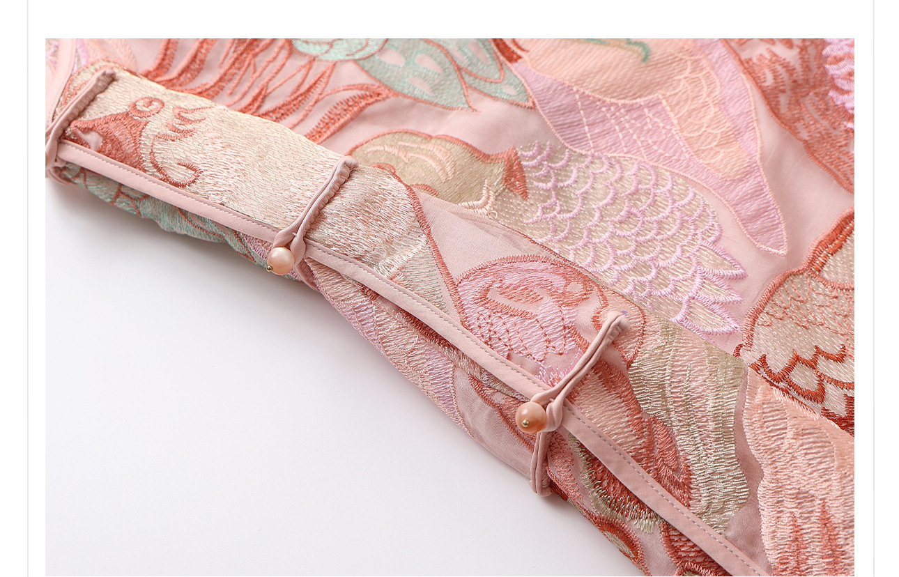 Đầm suông midi phong cách Trung Hoa thêu phượng hoàng lụa tằm — Màu hồng, Xanh lông công chi tiết 40