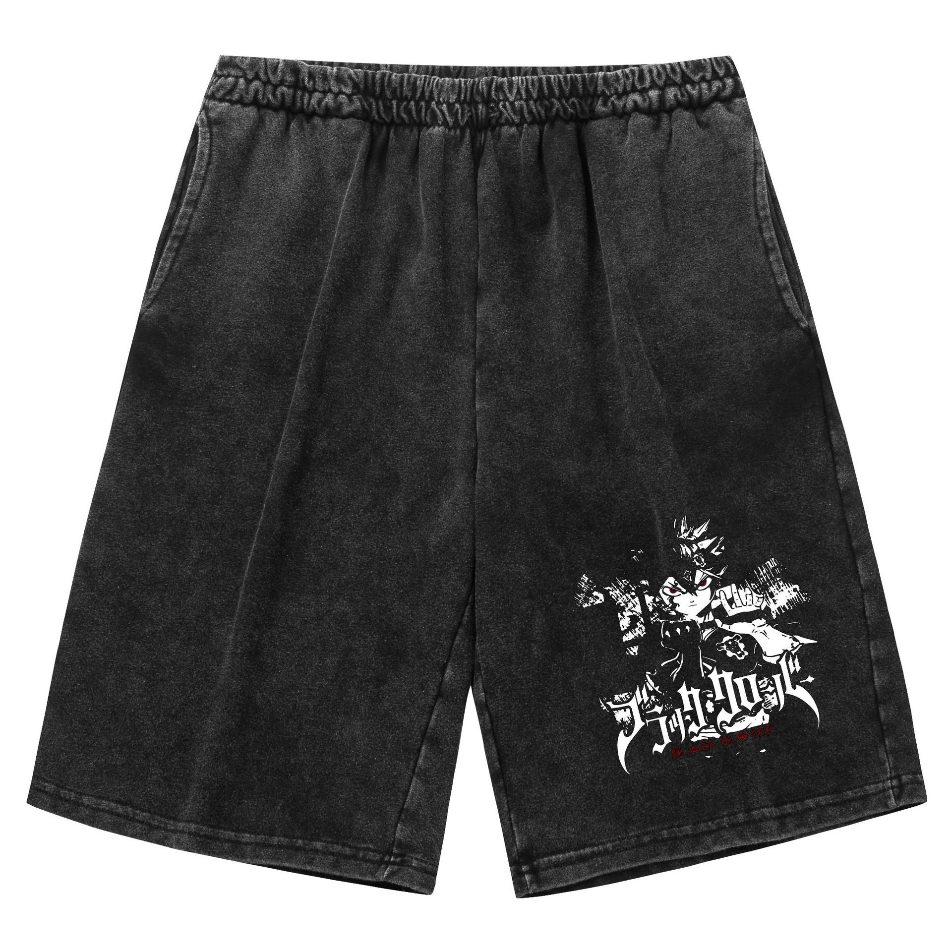 Pantalones cortos retro viejos lavados transfronterizos Trébol de cuatro hojas negro Black Clover venta caliente estampado casual deportes