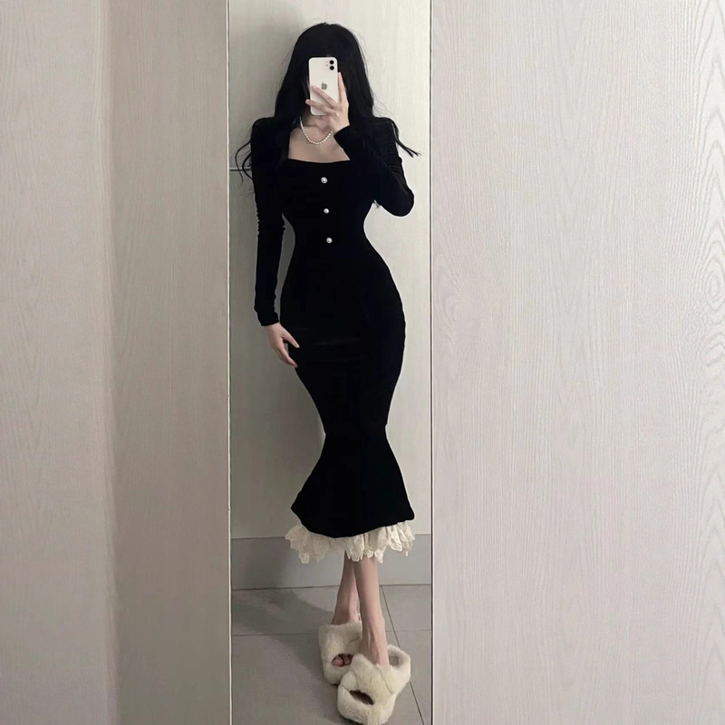 法式方领黑色鱼尾连衣裙女冬季复古温柔修身丝绒包臀裙气质长裙子|undefined
