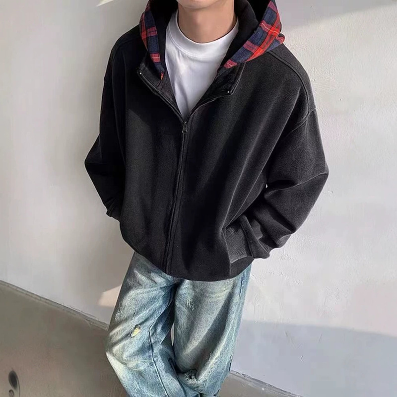 Washed distressed hooded cardigan sweatshirt for men, spring and autumn cleanfit American retro trendy casual plaid jacket for women