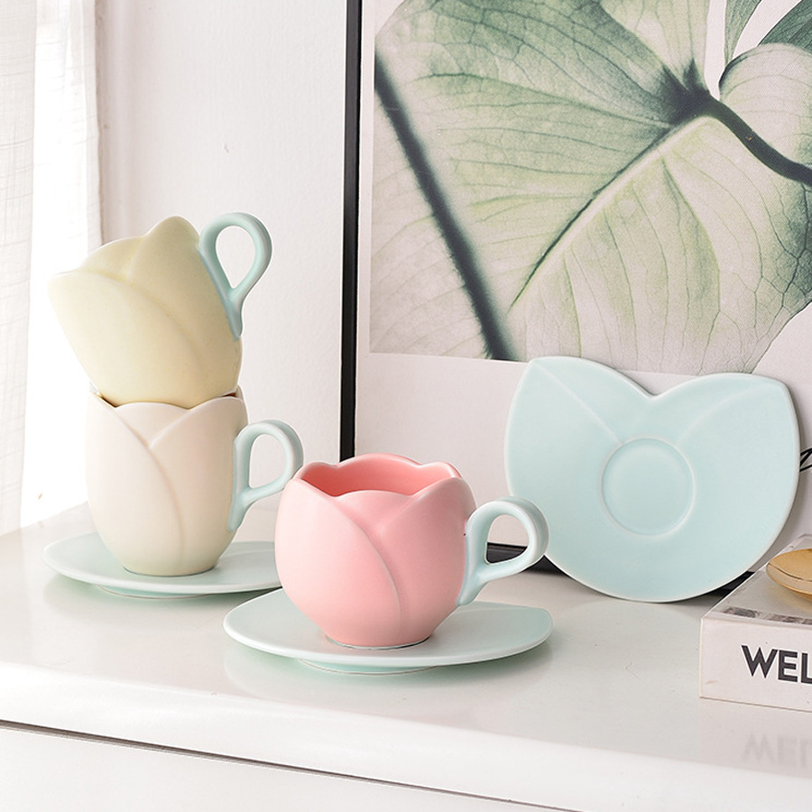 Tulip Flower Ceramic Coffee Cup And Saucer Set For Home Cafe_voghion.com