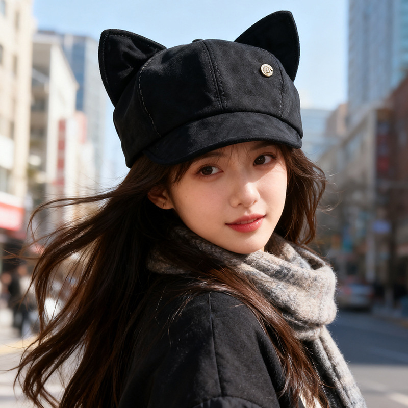 韩版复古麂皮绒猫耳朵帽子女甜美可爱贝雷帽秋冬显脸小画家八角帽|undefined