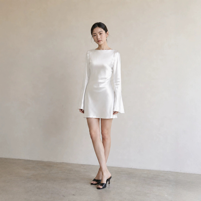 High-end acetate silky satin dress, minimalist and luxurious, with bell sleeves, slimming and figure-flattering cut, French elegance High-end acetate silky satin dress, minimalist and luxurious, with bell sleeves, slimming and figure-flattering cut, French elegance