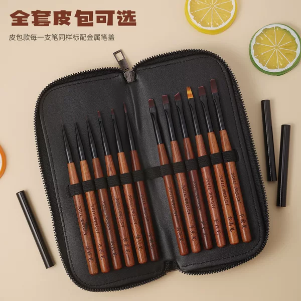 New Japanese-style sandalwood nail art brush set, including 12 brushes: square, round, and light therapy brushes, with features for creating colorful designs, drawing lines, and creating gradients