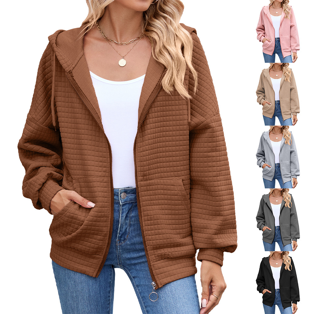 Amazon European and American Cross-Border Export 2025 Autumn and Winter New Pure Color Zipper Long-Sleeved Hooded Flap Pocket Pants Sweatshirt Jacket for Women