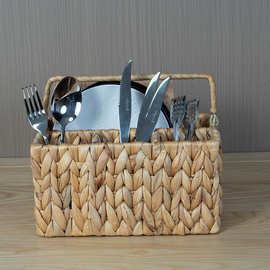 现代简约长方形水葫芦草编收纳筐分格餐具篮编织收纳筐创意刀叉篮
