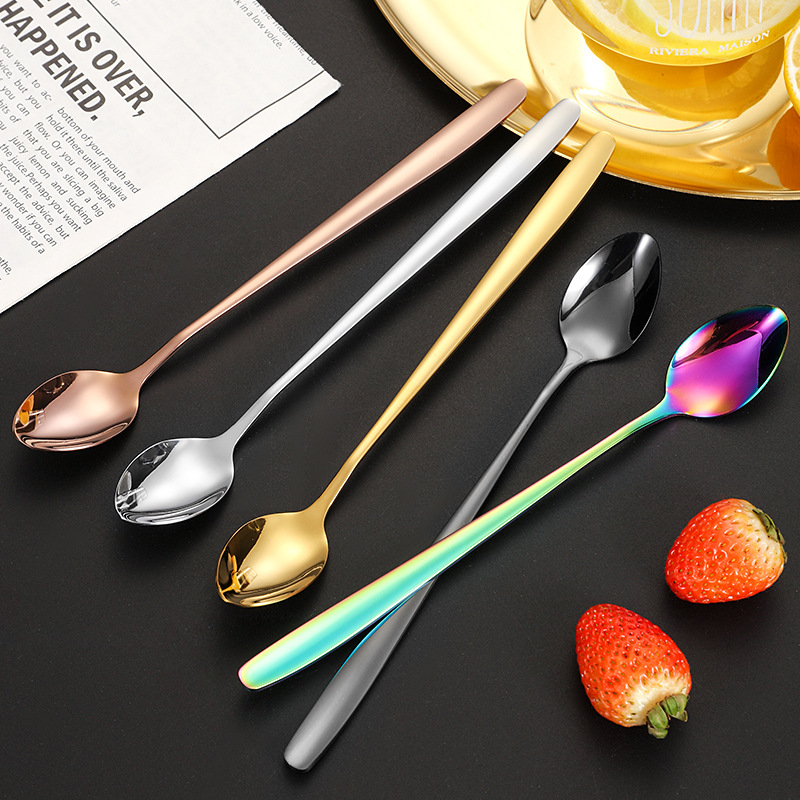 Cuchara de café de mango largo de estilo coreano cuchara de postre taza con cucharas de condimentos leche batida barra de acero inoxidable