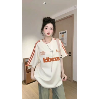 撞色拼接2026短袖女t恤夏季运动风美式复古宽松半袖上衣设计感潮