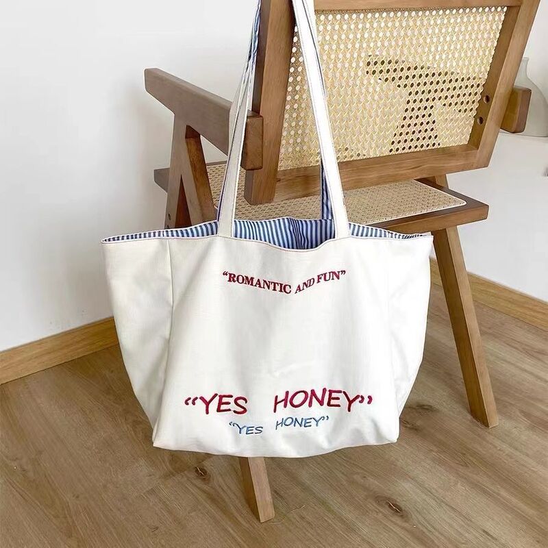 Korean Style Large Capacity Tote Bag Double Side Striped Shoulder Bag Textured Embroidered Student Canvas Bag Women's Tote Bag