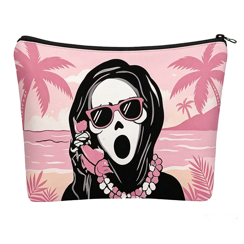 New cross-border Halloween pink skull canvas bag, makeup bag, lipstick storage bag, customizable with your own design