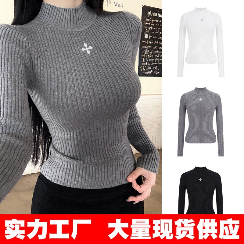 安迪绒面料灰色半高领针织打底衫女款内搭外穿毛衣修身坑条上衣