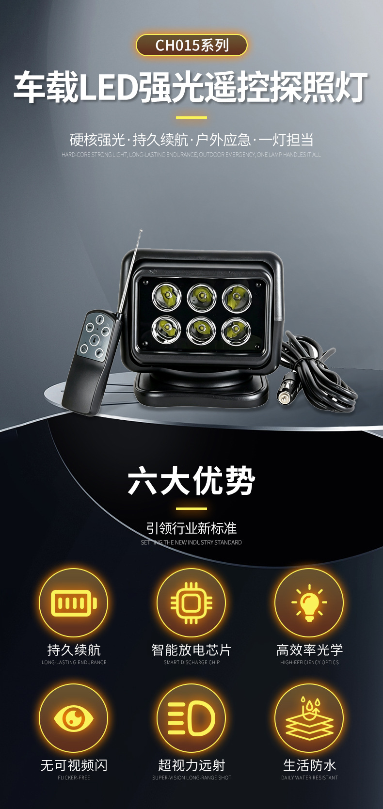 Car-mounted LED wireless remote control searchlight, 6-head high-brightness work light, rotating searchlight for off-road vehicles and boats