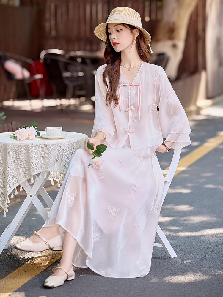 Bộ đầm maxi nữ thắt eo phong cách Trung Hoa mới tay ngắn cổ đứng — Màu như hình