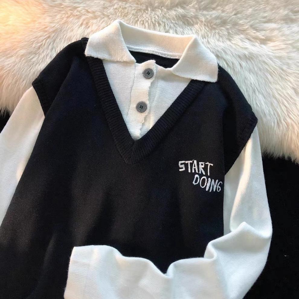 Pull à col polo deux pièces pour hommes, tendance automne et hiver pour hommes, pull tricoté à coutures amples et broderies, veste décontractée pour hommes_voghion.com