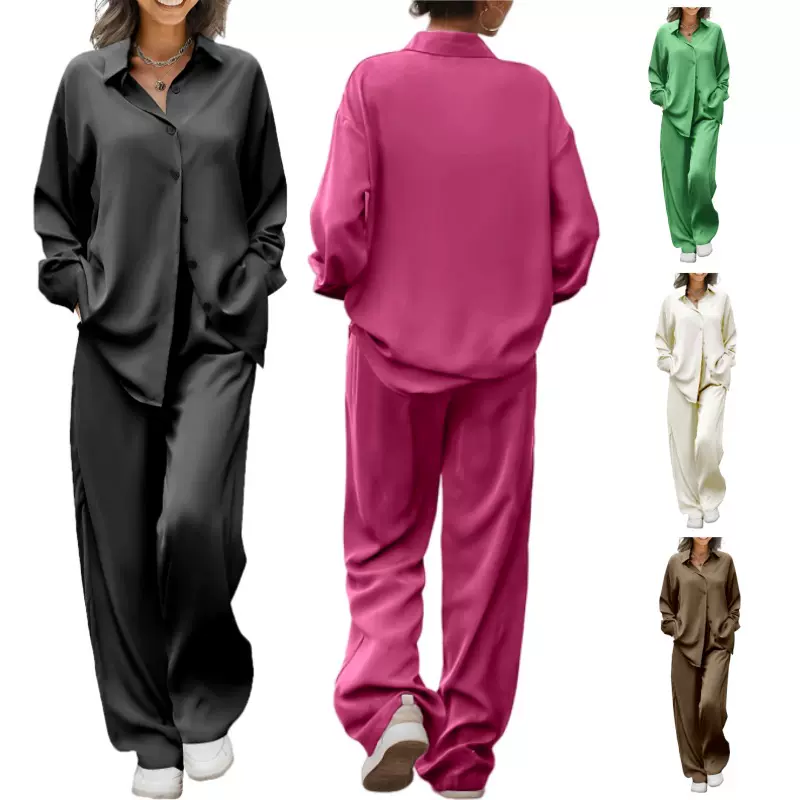 跨境新款女装宽松纽扣衬衫舒适翻领长袖长裤两件套通勤休闲套装女