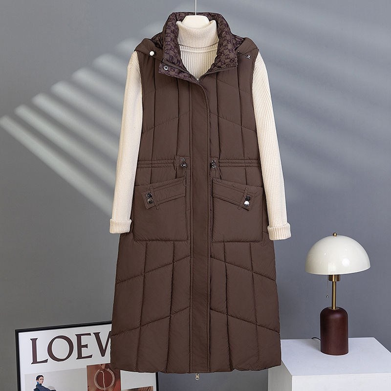 Autumn and Winter Women's Vest with down Cotton, Thickened, Large Pockets, Drawstring Hood, Long Style, Over-The-Knee, Leg Protection, Vest Jacket Autumn and Winter Women's Vest with down Cotton, Thickened, Large Pockets, Drawstring Hood, Long Style, Over-The-Knee, Leg Protection, Vest Jacket