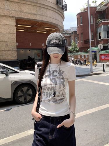 [210g, 40-count Pure Cotton] White Letter-Printed Crew-Neck Short-Sleeve T-Shirt for Women – Summer, Slim-Fit, and Figure-Slimming Fashion Top