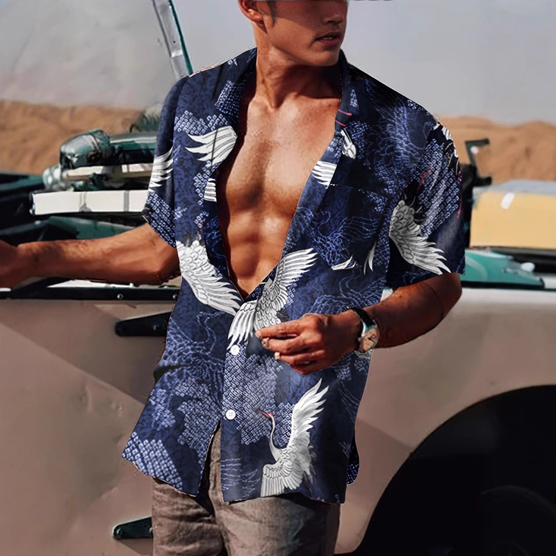 [Ready Stock] Cross-Border European and American 2025 Spring and Summer New Casual Lapel Printed Short-Sleeved Men's Shirt Tops