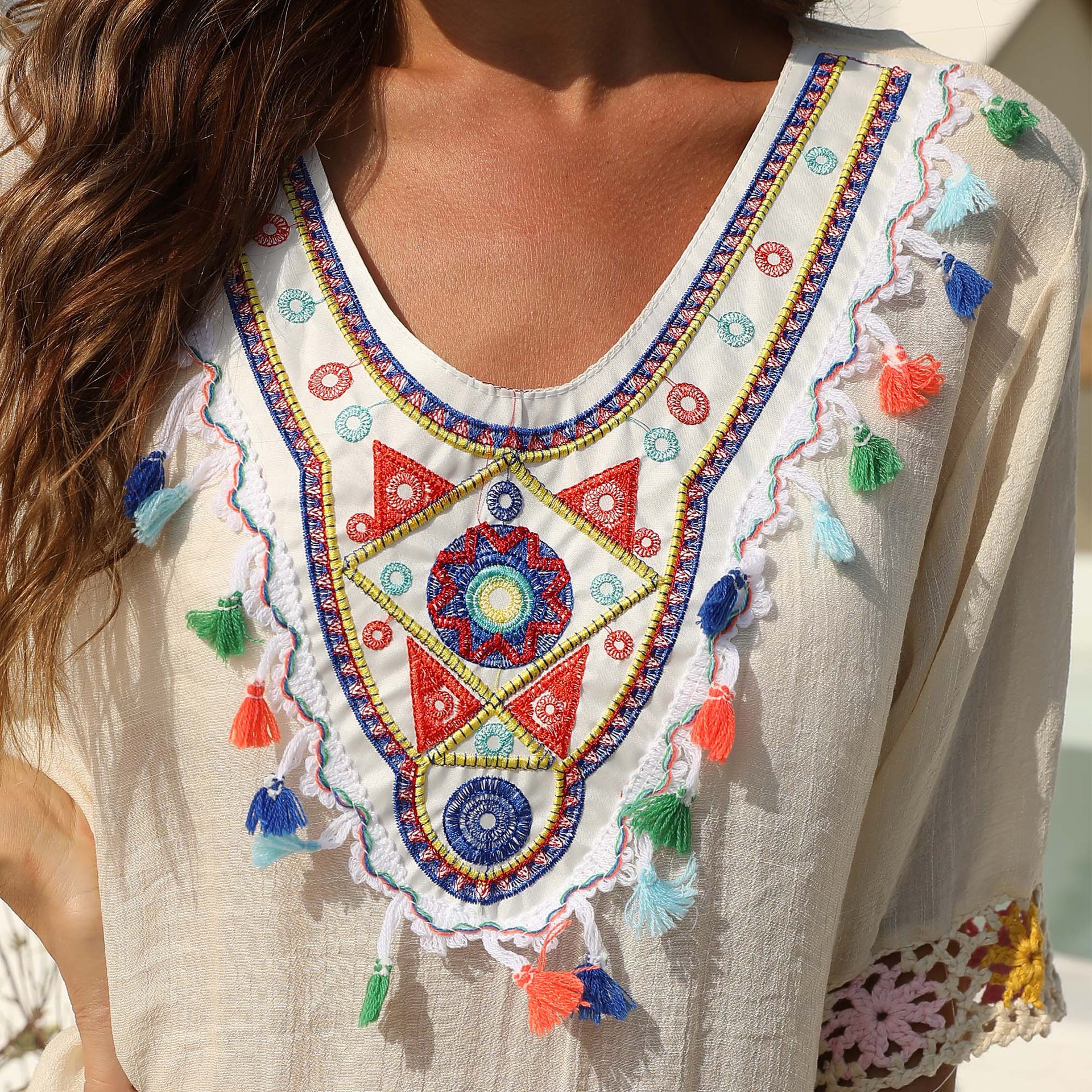 ethnic style color contrast color hand hook stitching short sleeve irregular loose beach blouse dresspicture3