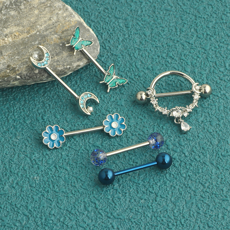 12-Piece Stainless Steel Dripping Chrysanthemum Nipple Ring Set with Zircon Nipple Nail - Body Piercing Jewelry detail image 13