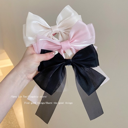Mesh ribbon bow hairpin hairpin solid color bright silk fabric big bow spring clip cute girl hair accessories
