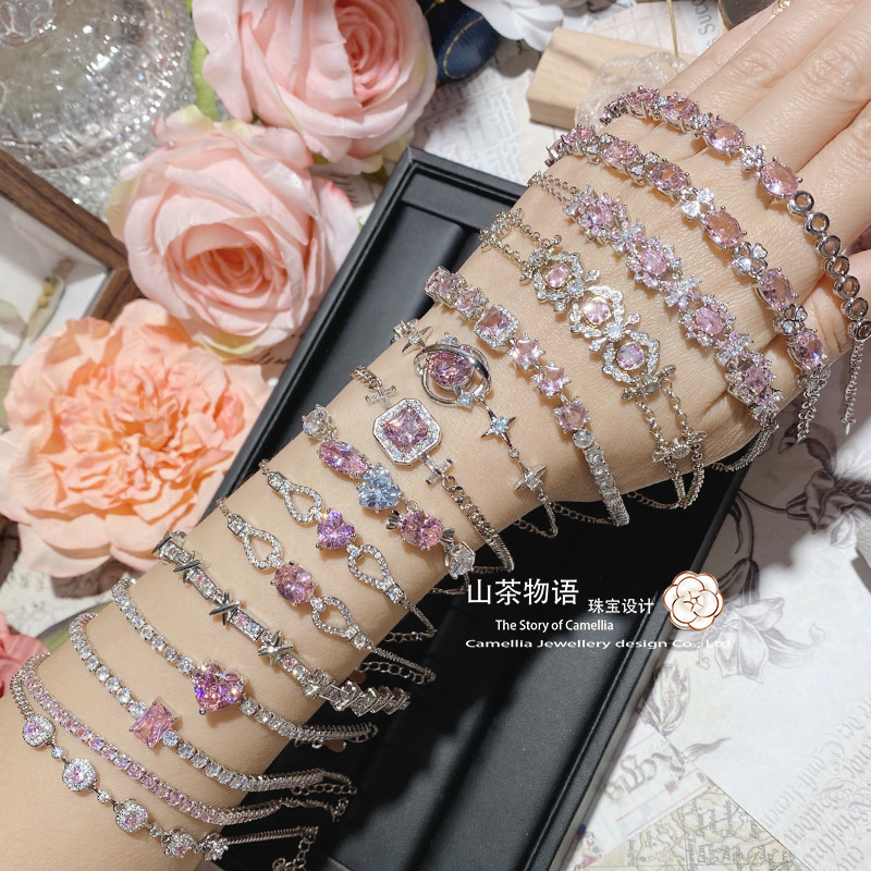 Camellia Star river surrounding bright pink gem bracelet designer plated 18K gold flash 3a zirconium bracelet live broadcast delivery