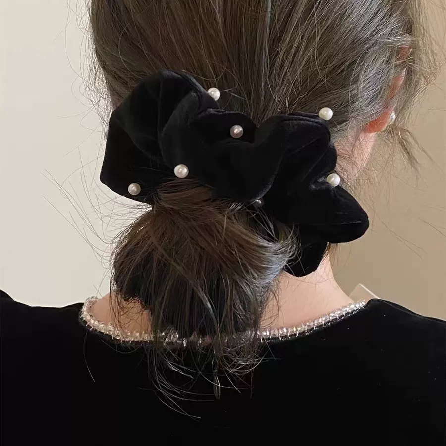 复古秋冬珍珠褶皱大肠发圈2024新款丝绒黑色法式发绳丸子头发饰女