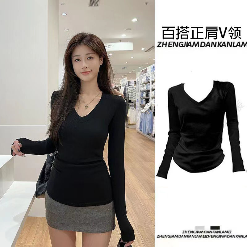 Inner Layer Winter Base Shirt, Regular Shoulder V-Neck Long-Sleeve T-Shirt for Women, New Design, Versatile, Slim-Fitting, Age-Reducing Top