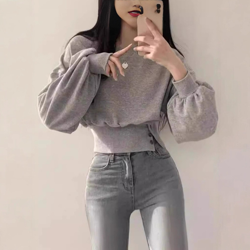 Japanese Export Clothing Chic Autumn Niche Round Neck Buttoned Waist Slimming Look Long-Sleeved Short Pullover Sweatshirt Top