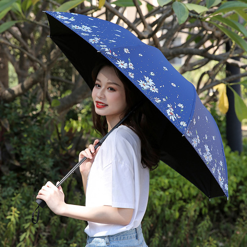 Women's Creative Sunshade Umbrella, Foldable Rain Umbrella, Dual-Purpose, Sun and Rain Use, Small Daisy Black Rubber Sun Umbrella with Printed Logo Advertising
