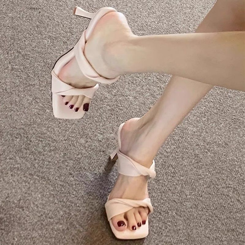 Cross-border wholesale, comfortable high-heeled slippers, 2026 new style, square-toe, thin-heel, single-strap sandals, Korean-style, elegant women's shoes Cross-border wholesale, comfortable high-heeled slippers, 2026 new style, square-toe, thin-heel, single-strap sandals, Korean-style, elegant women's shoes