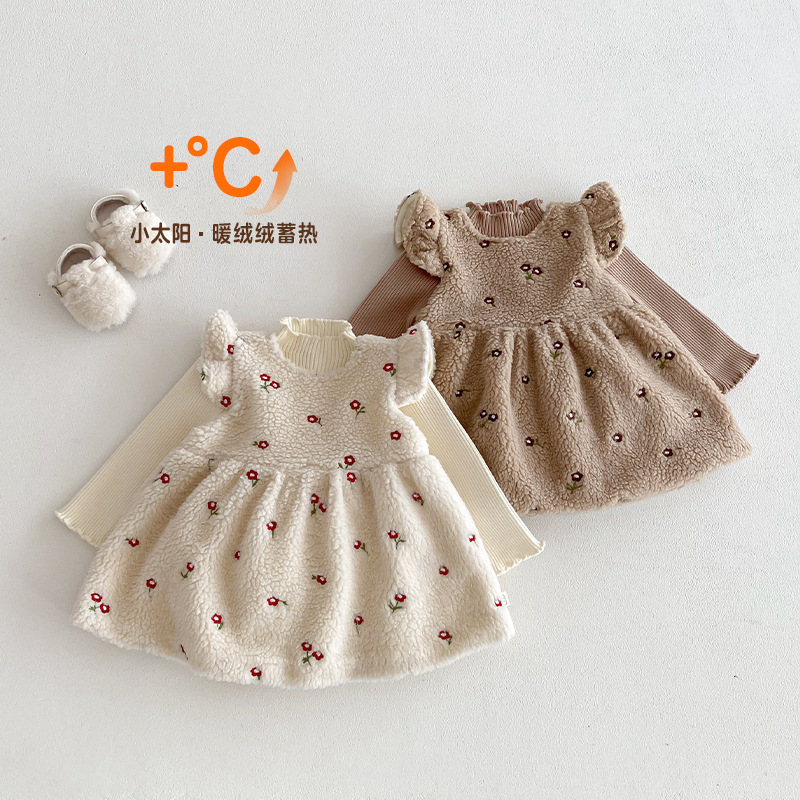 Cute winter small princess costume, children's dress with sleeves, fleece girl's skirt, Korean style