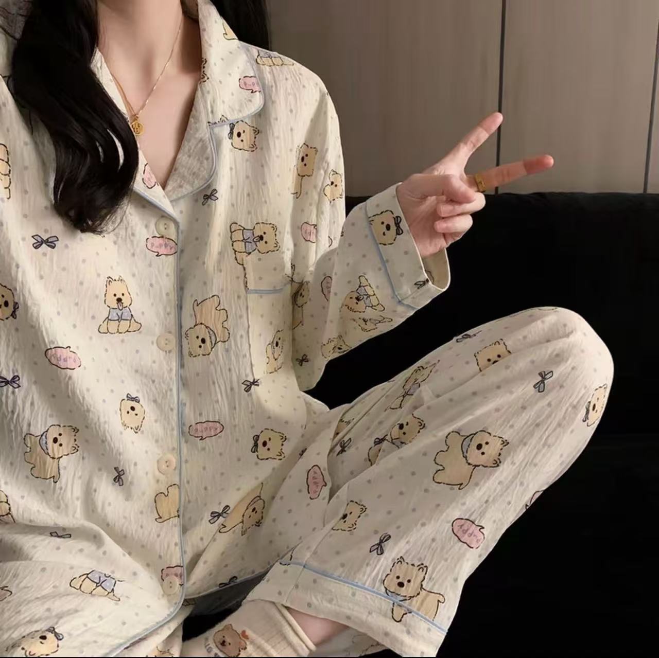 Venta al por mayor transfronteriza de algodón de nube pijamas de cachorro rizado simple japonés pantalones de manga larga de primavera y otoño para mujer