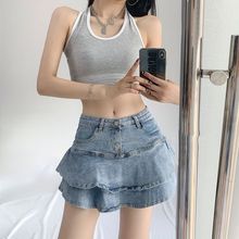 美式辣妹牛仔半身裙女夏季小个子新款高腰a字短裙荷叶边包臀短裙