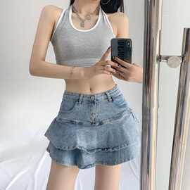 美式辣妹牛仔半身裙女夏季小个子新款高腰a字短裙荷叶边包臀短裙