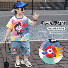 哪吒童装衣服男童牛仔套装夏季2026新款痞帅时髦儿童短袖t恤夏装