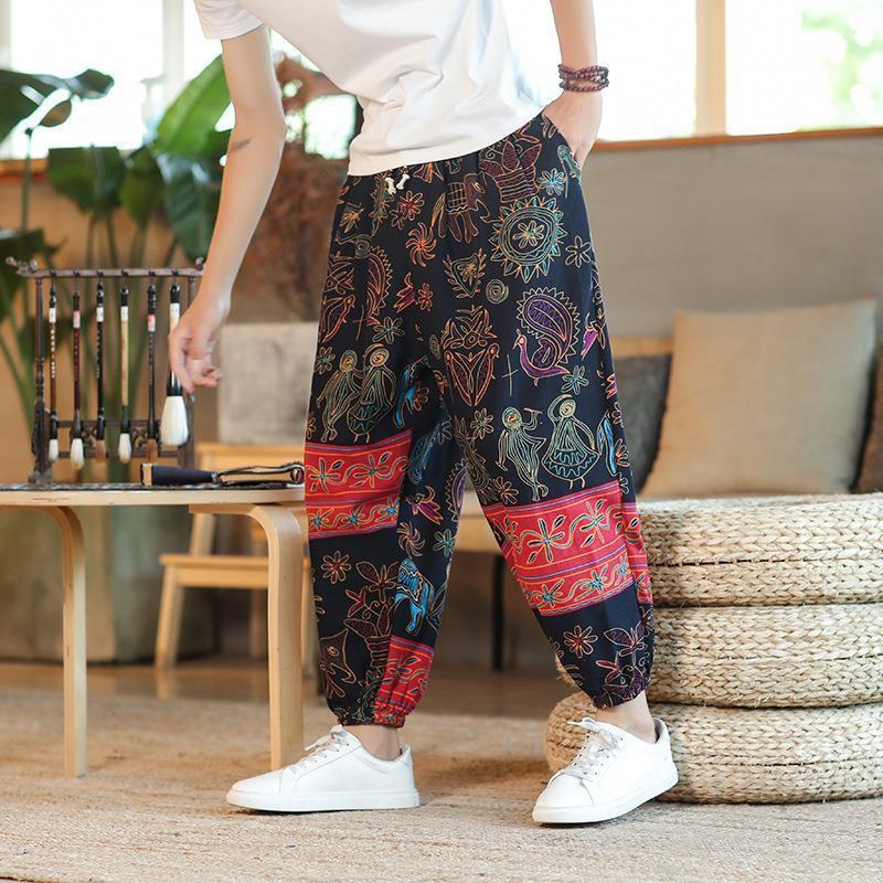 Pantalones tailandeses de flores de anacardo para hombres, pantalones de nueve puntos anchos de lino de estilo chino fino de verano, pantalones de chándal de pies sueltos, marea