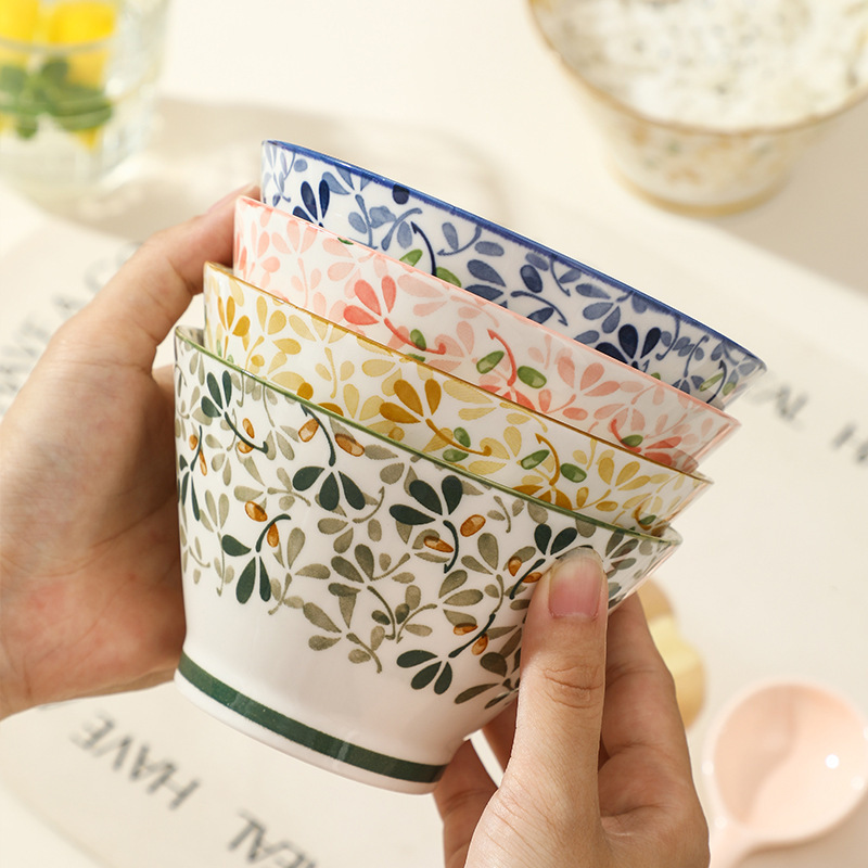 Creative and Beautiful Four-Season Flowers 5inch Bamboo Hat Bowl Underglaze Color Ceramic Bowl Household Rice Bowl with Spoon Creative and Beautiful Four-Season Flowers 5inch Bamboo Hat Bowl Underglaze Color Ceramic Bowl Household Rice Bowl with Spoon