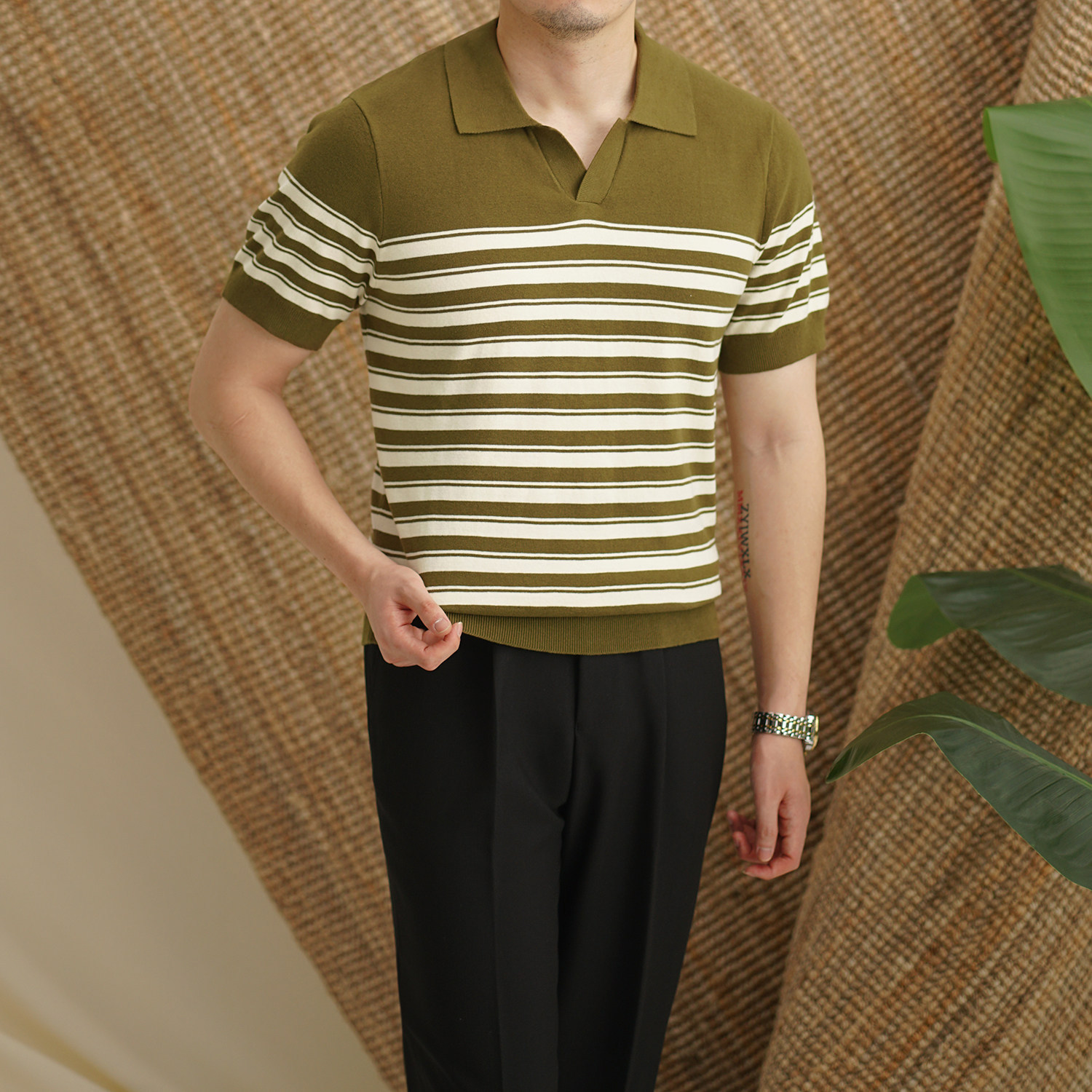 Polo camiseta de punto camiseta de manga corta hombre V-collar gaviota rayas viejas camiseta de hielo de viento de verano fábrica transfronteriza al por mayor