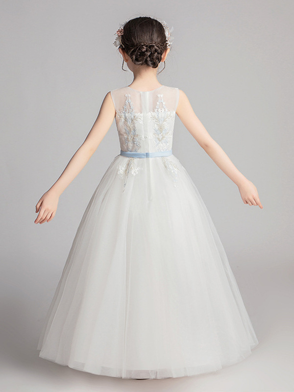 Vestido de princesa formal para niñas pequeñas, traje de actuación con ribetes de encaje, atuendo blanco largo para fiesta de cumpleaños infantil.