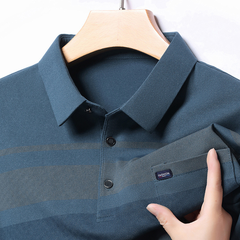 Men's Middle-Aged Long-Sleeve T-Shirt with Real Pockets, Simple Cotton Polo Shirt, Everyday Business Turn-Down Collar, Striped Breathable T-Shirt Men's Middle-Aged Long-Sleeve T-Shirt with Real Pockets, Simple Cotton Polo Shirt, Everyday Business Turn-Down Collar, Striped Breathable T-Shirt