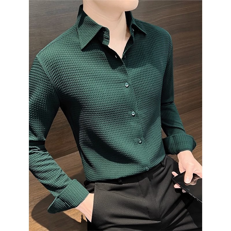 Autumn and Winter New Waffles Long-sleeved Shirt Men's Business Casual Slim-fit Square Collar fleece-lined Green Plaid Shirt