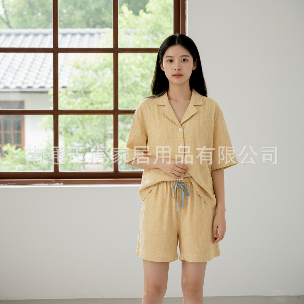 Pure Cotton Double-Layer Gauze Short Suit, Cool Short-Sleeved Pajamas for Women, Thin, High-End, Pure Cotton Summer Home Clothes, Loose