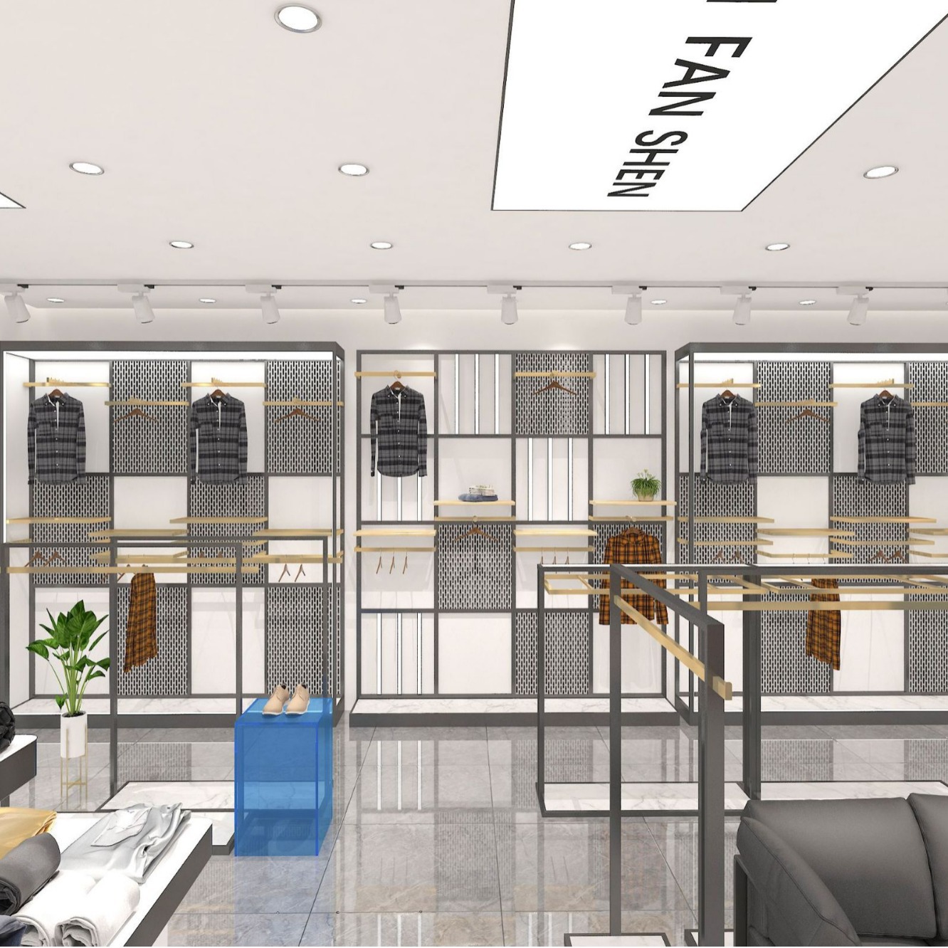 tienda de ropa de hombre estante de exhibición tienda de ropa de pared tipo piso con estante de exhibición de luces de negocios de estante de exhibición de productos de ropa de hombre